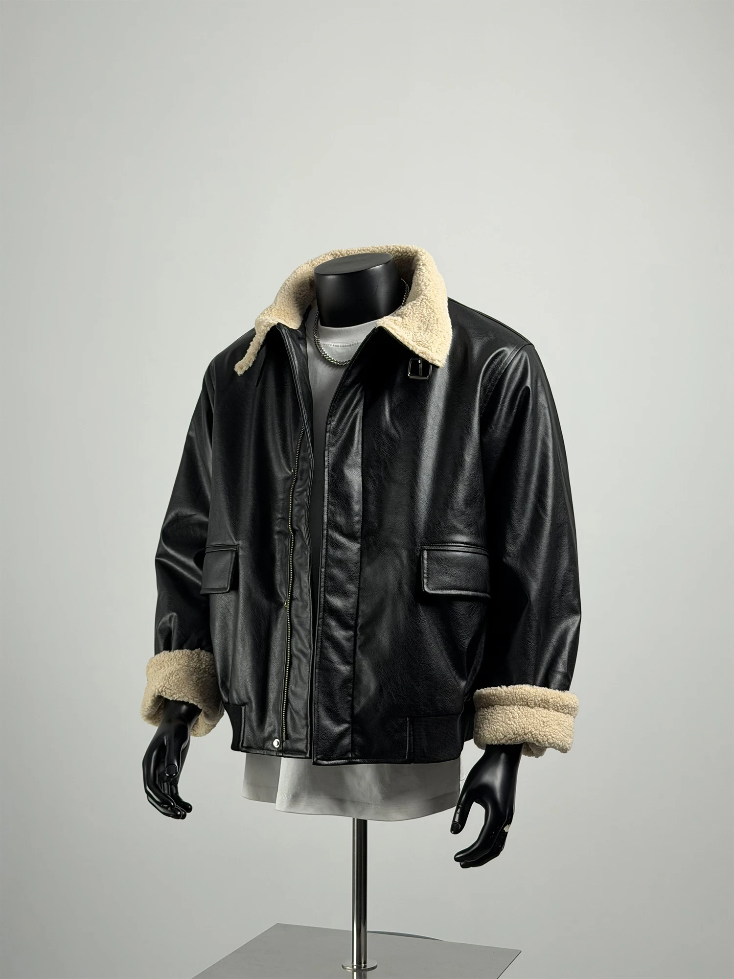 

Retro American Lamb Fur Collar PU Leather Jaet Men's Loose Warm Outerwear Trendy Cotton Coat Youth ular Long Sve