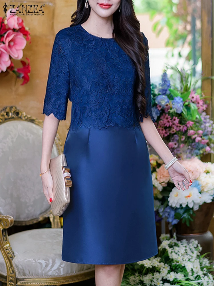 ZANZEA Abiti eleganti da donna Moda Patchwork di pizzo Raso al ginocchio Abiti Femme O-Collo Mezza manica Abiti in vita aderenti