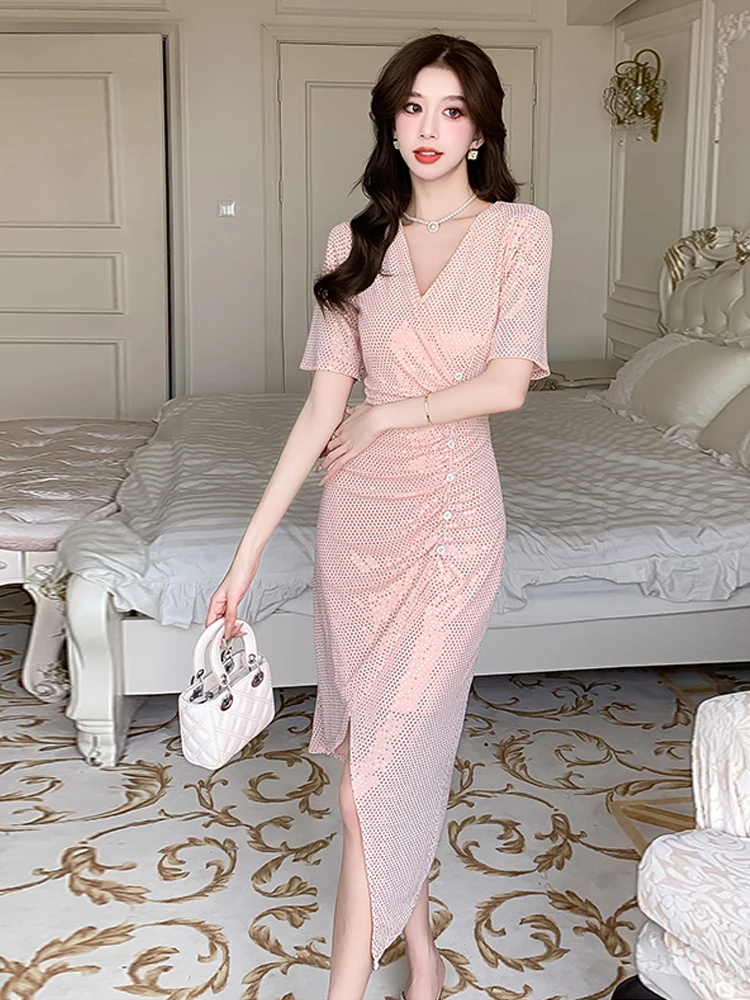 

Сексуальная асимметричная юбка-миди средней длины с V-образным вырезом и завязкой на талии, модная плиссированная юбка-миди, облегающая юбка