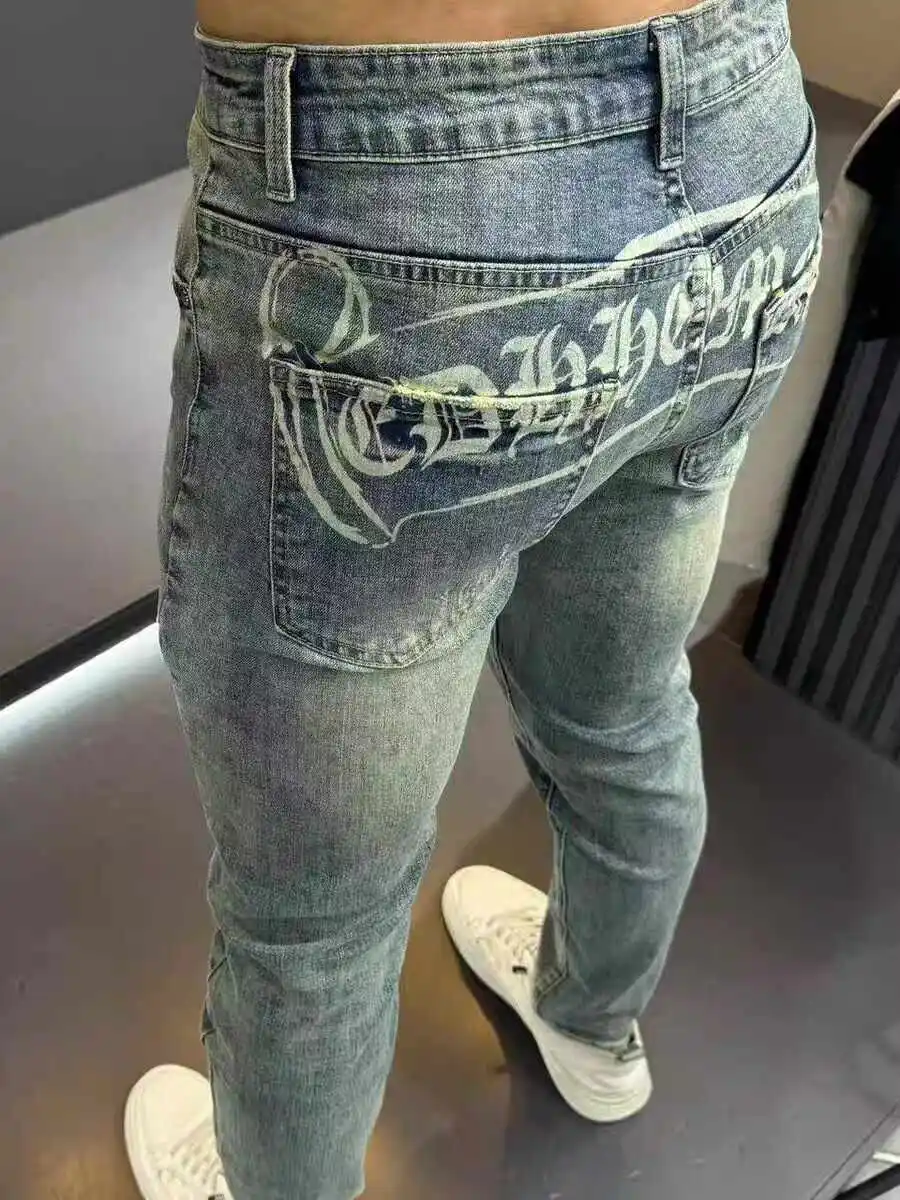 Koreanische Bewertungen Viele Jeans Trendige Jeans Herren Frühling Herbst Slim-Fit Design Hosen Hochwertige Mode Bedruckte Lange Hosen