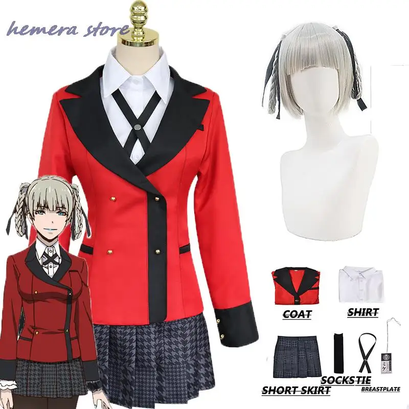 Kirari Cosplay Anime Kakegurui Kirari Momobami Cosplay Kostuum Schooluniform Pakken Pruik Halloween Kostuums Pruiken voor Vrouwen Meisjes