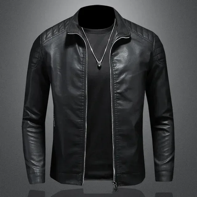 Men\'s lapel leather jacket autumn oversized slim motorcycle riding suit winter thickened PU leather waterproof work clothes