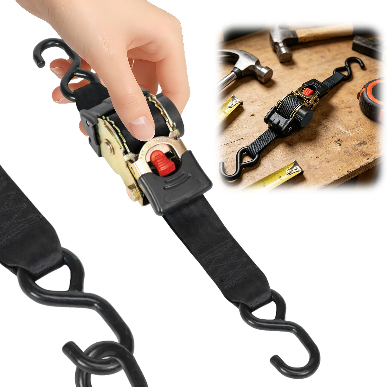 Retractable Ratchet Straps 1543lb Break Strength Truck Binding Belt with Auto-Lock Double S Hooks for Boat ATVs Bikes Trailer
