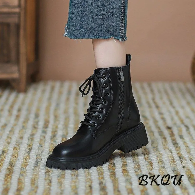 BKQU Basic Ankle Boots Women British Wind 2024 New Brown Thick Soled Explosive Autumn Short Boots Ins Single Shoes Zip