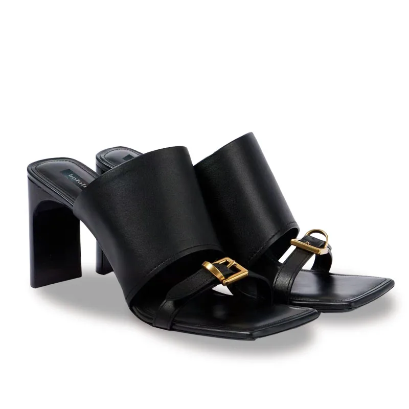 

High Quality Genuine Leather Sole Slippers With Square Toe Sexy And Fashionable Cool Slippers Sheepskin Heels Sandals