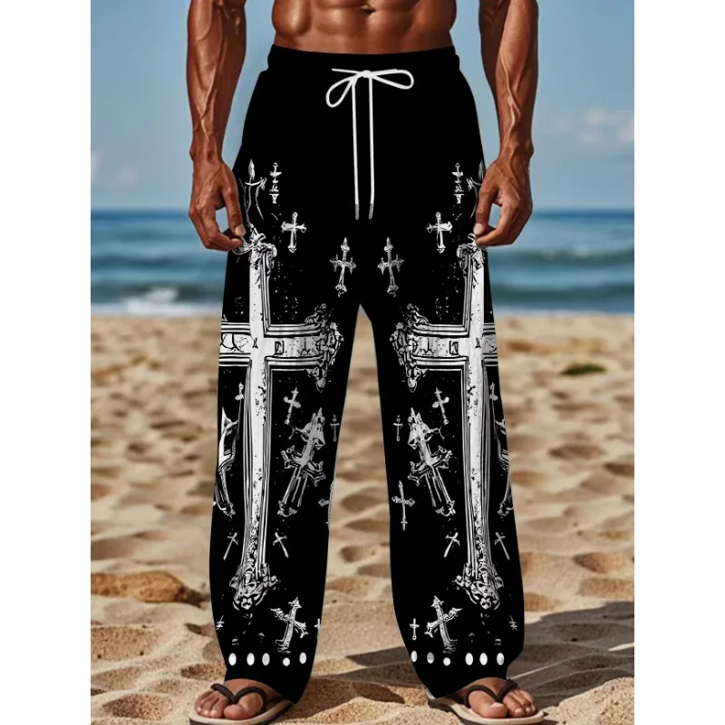2026 Summer Vintage Gothic Cross Black‑White Print Unisex Jogger Straight‑Leg Pants for Streetwear Party Daily Casual Outfit