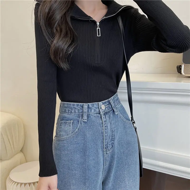 Korean Design Zipper Solid Color Half Open Collar Knitted Bottom Top Ins Trendy