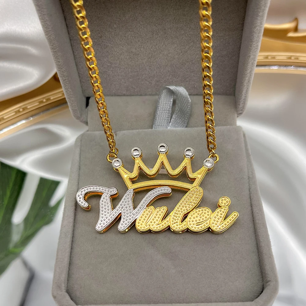 

DHQH New Two Color Custom Name Necklace For Her Personalise Crown Name Necklace Double Plate Stainless steel Pendant Cuban Chain