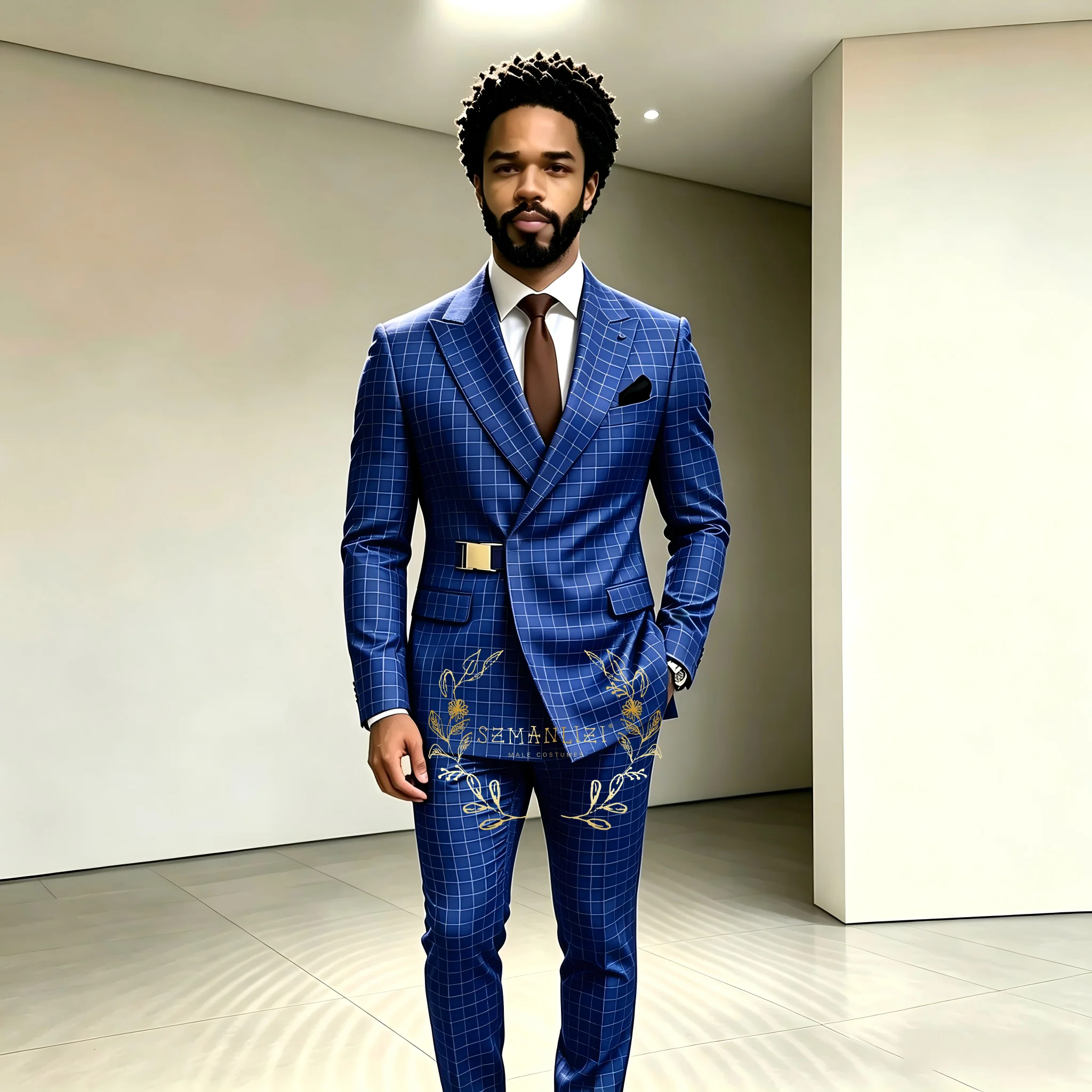 Double Breasted Men Suits Royal Blue Plaid Wedding Costume Male Party Prom Dress Jacket Pants Gold Metal Buckle Groom Suits Sets