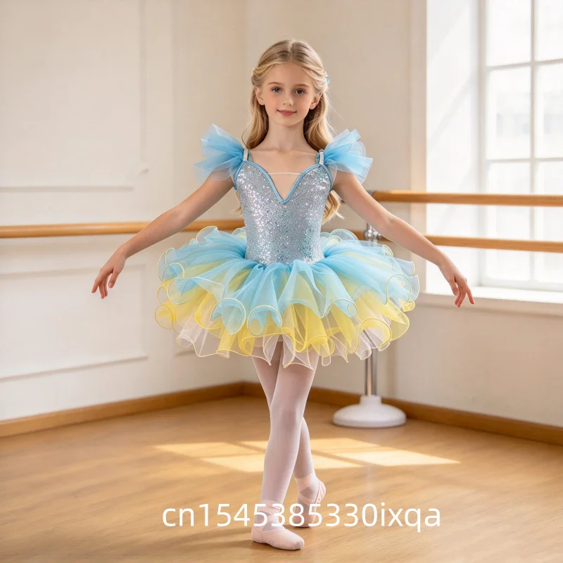 Kids Girls Sequins Jazz Dance Costume Modern Dancewear Ballet Tutu Dress for Children's Performing Clothes