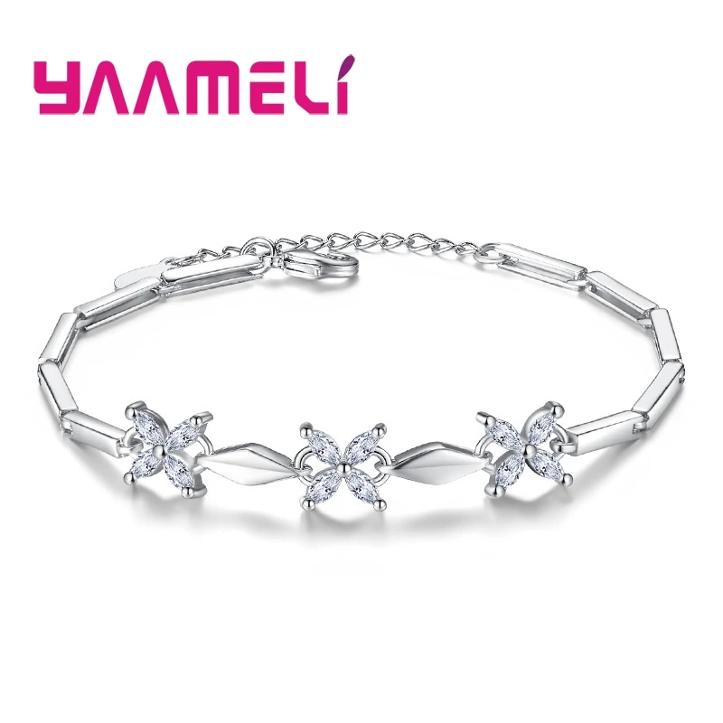 Bracelet Four Adjustable Cornered Stone Flower Model Cute Sweet Propose Elegant Ceremony Jewelry 925 Sterling Silver