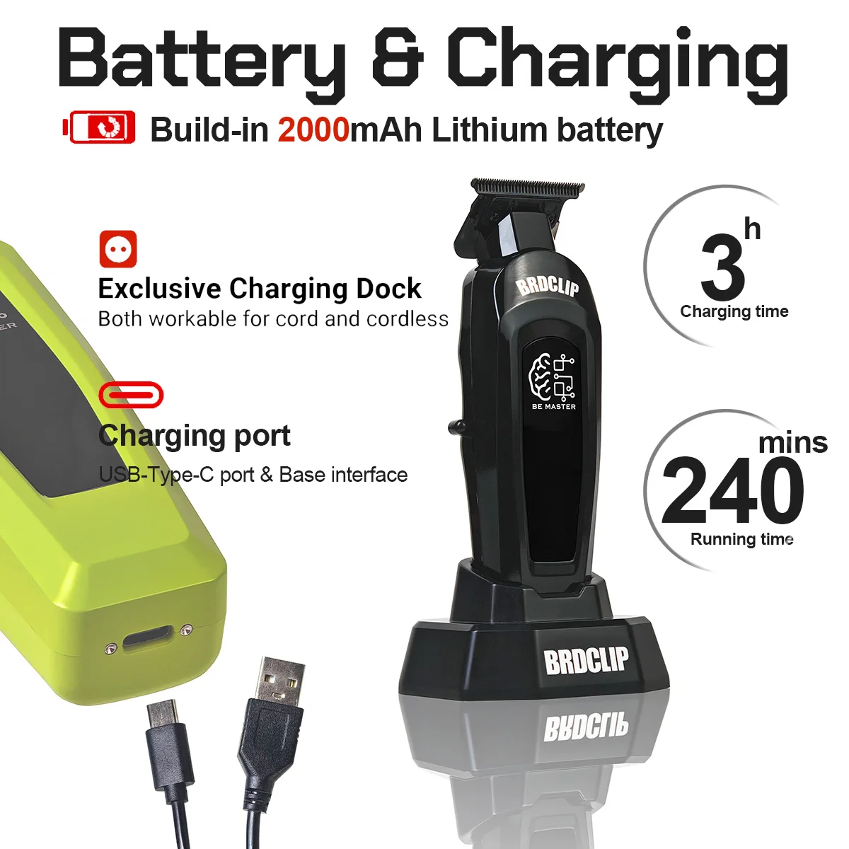 Professional BRDCLIP BRD107 8000RPM High Power Motor Hair Trimmer Powder metallurgy steel fixed ceramic moving blades With base