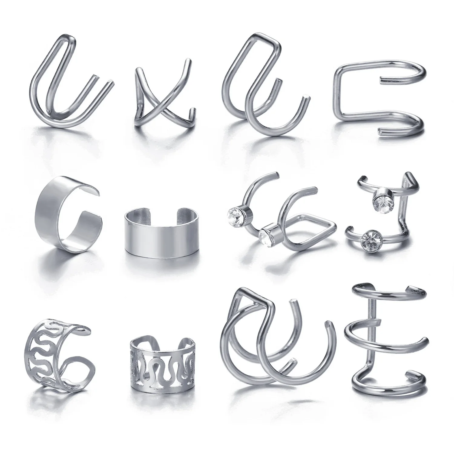 Trendy 12Pcs Ear Clip Set Creative Simple C-Shaped Letter Pierced Ear Clip for Women Geometric Jewelry Gift Silver Color