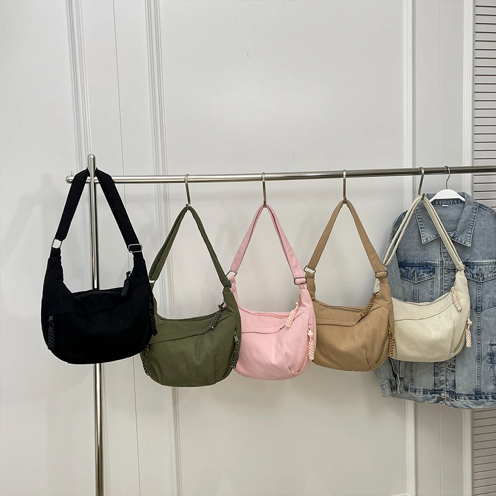 Corduroy Halve Maan Tas Effen Kleur Vrouwen Crossbody Tas Rits Handtas Met Zakken Alledaagse Sling Tas Voor Schoolreizen Werk