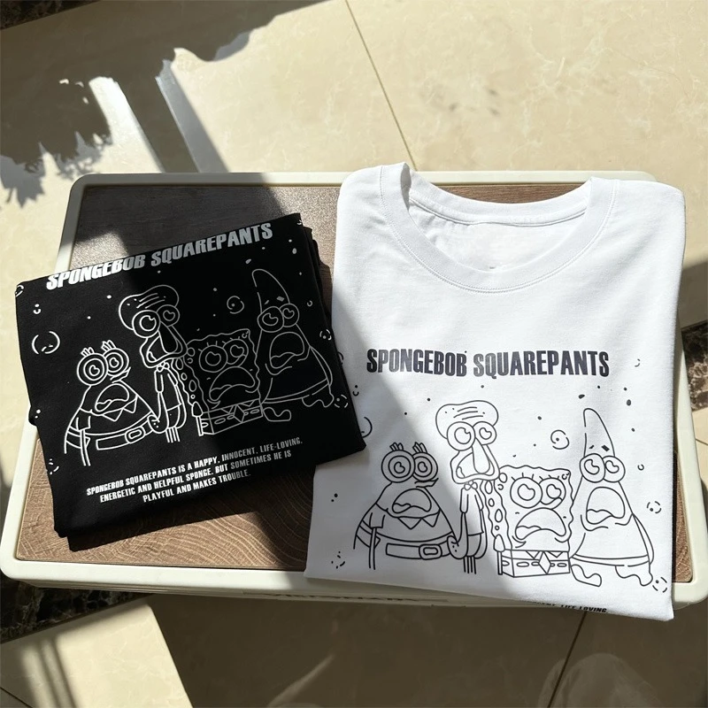 

Универсальная летняя забавная футболка из чистого хлопка с короткими рукавами и рисунком Губки Боб Квадратных штанов для мужчин и женщин, свободные нишевые полурукава