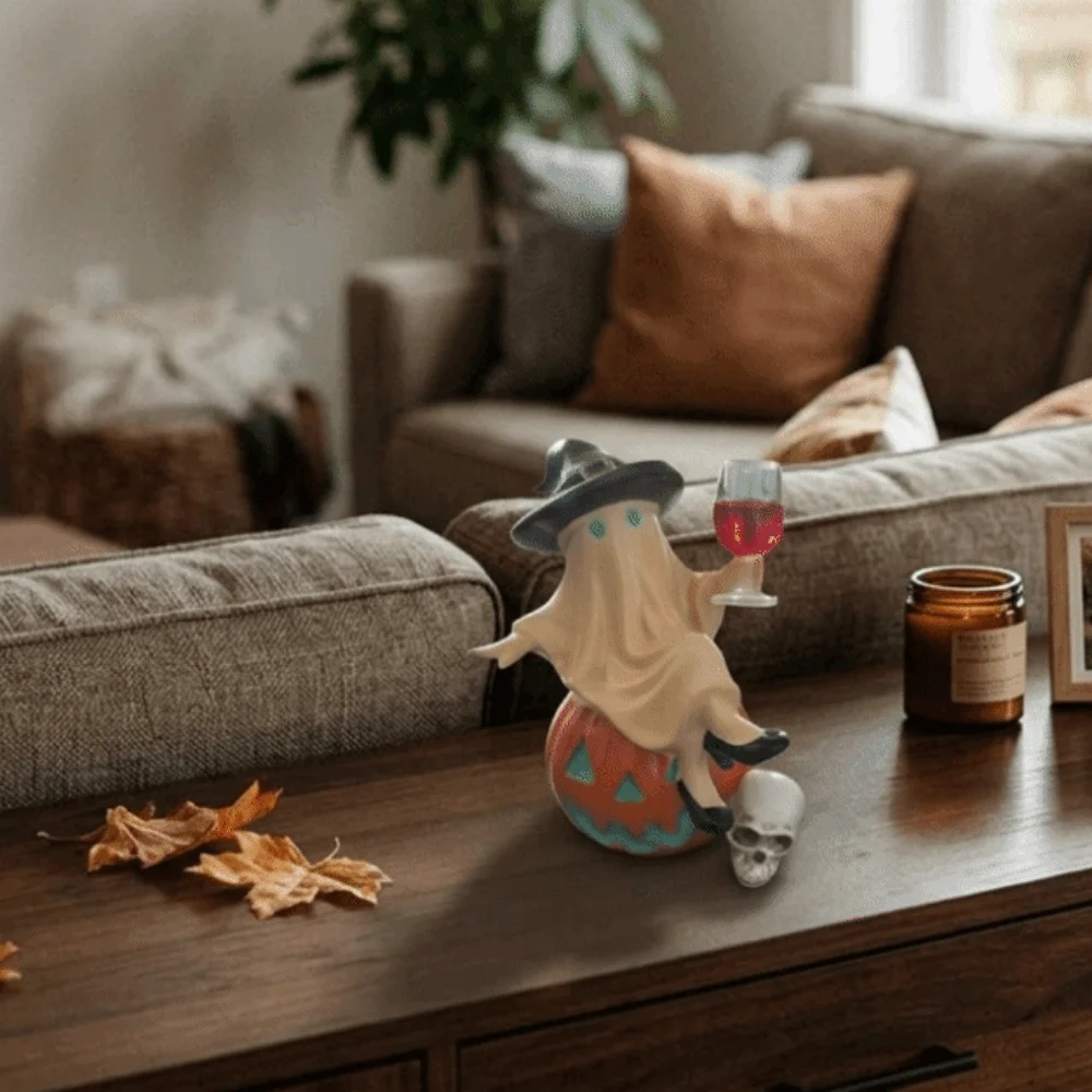 Resin Ghost Pumpkin Luminous Sculpture Cute USB Powered Ghost Wine Glass Statue Glowing with Witch Hat LED Ghost Figurines