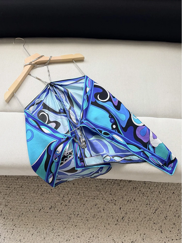 Summer Fashion Beach Style Party Resort Geometric Print Tops Women's Metal Chain Hang One's Neck Sexy Backless Lace-Up Top
