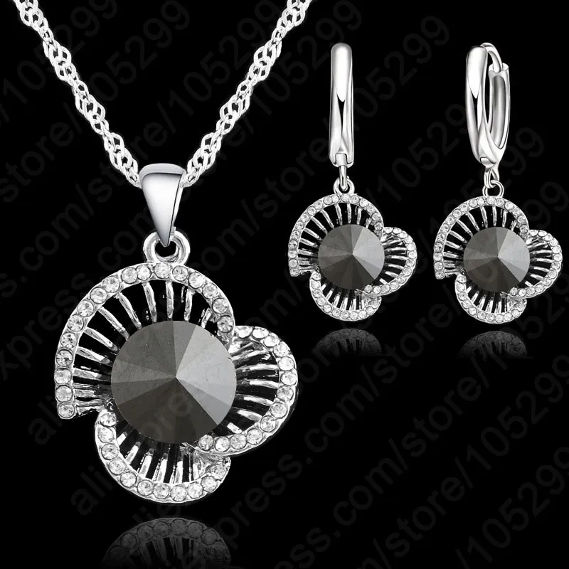 Hollow Three Flowers Necklace Earrings Sets 925 Sterling Silver Pretty Colour Crysal Factory Price Gift For Women Party