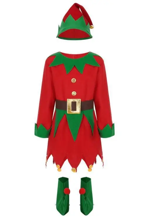 Men Women Girls Christmas Elf Costume Set Santa's Helper Including Elf Hat Santa Dress Striped Stockings Shoes Belts