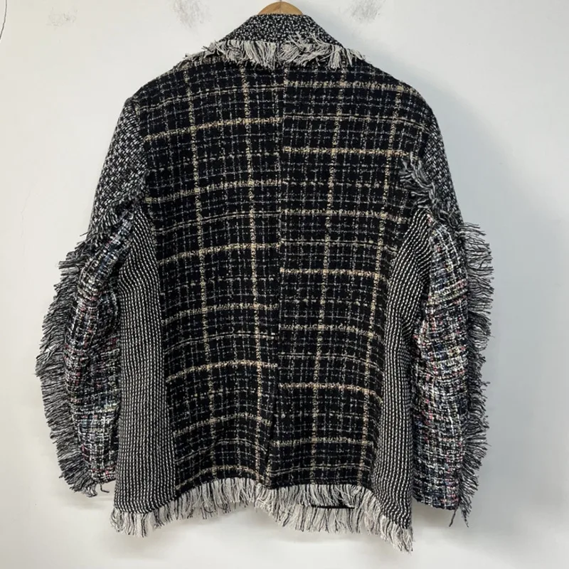 HKSH Autumn Winter New Men Tweed Tassel Asymmetrical Patchwork Contrast Color Blazer Trend Niche Design Casual Suit-Coat HK16921