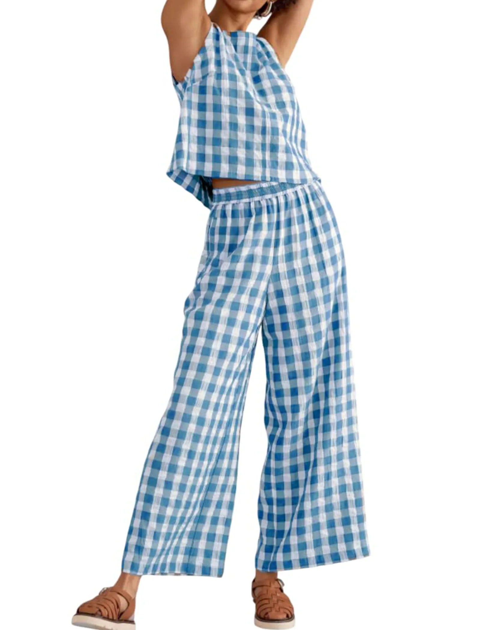

Womens Two Piece Gingham Lounge Set Sleeveless Tank Top Baggy Wide Leg Pants Suits Pajamas Lounge Set for Travel Vacation