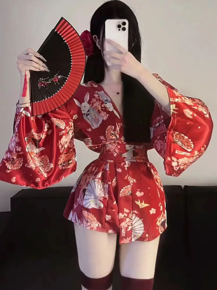 Red Yukata Robe Sweet Cartoon Girl Kimono Pajamas Nightdress Hot Spring Yukata Pajamas Kimono Damskie Kamono Japanese Dress - Image 2