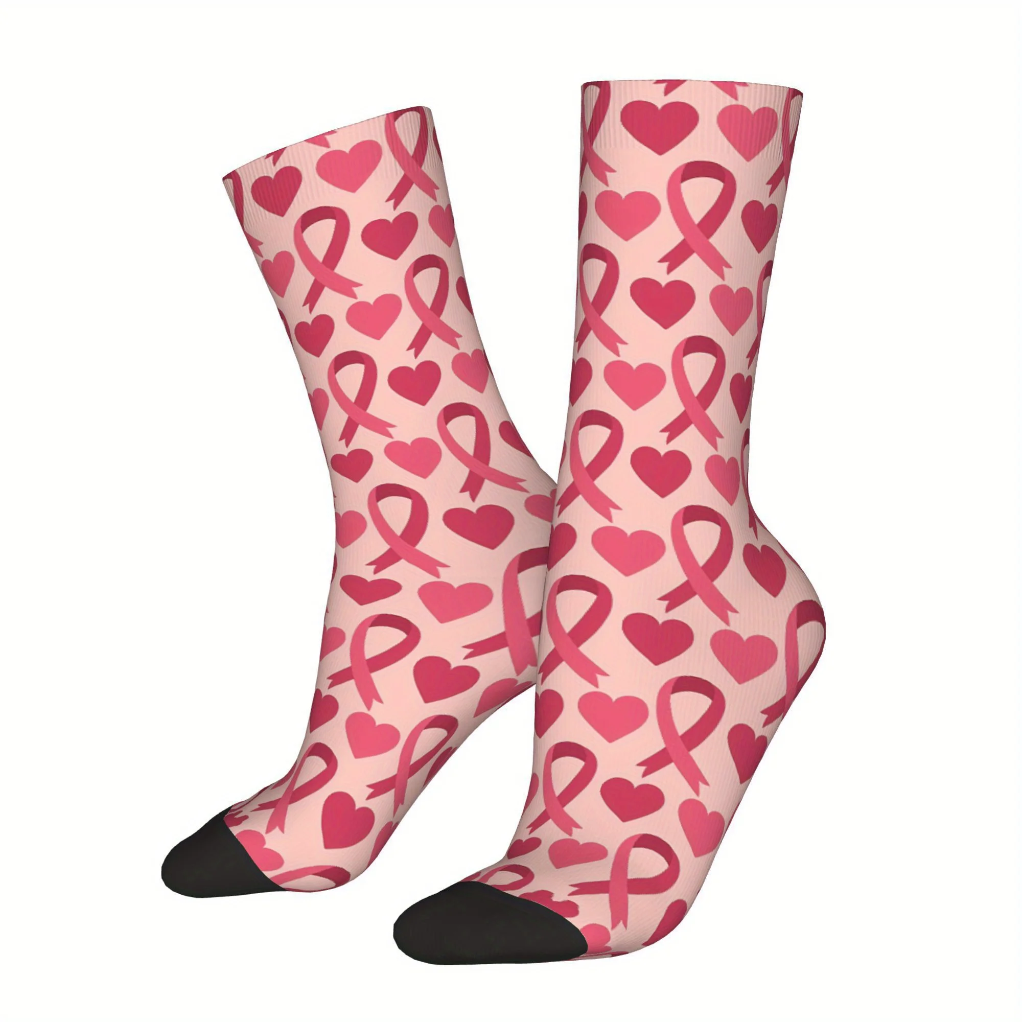 Men's Breast Cancer Awareness Socks Pink Ribbon Hearts design, Non-Slip Sole, Polyester Cancer Prevention Athletic