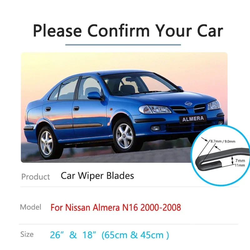 For Nissan Almera N16 Bluebird Sylphy Pulsar 2000~2008 Front Rear Wiper Blades Kit Cutter Back Window Car Accessories U J Hook