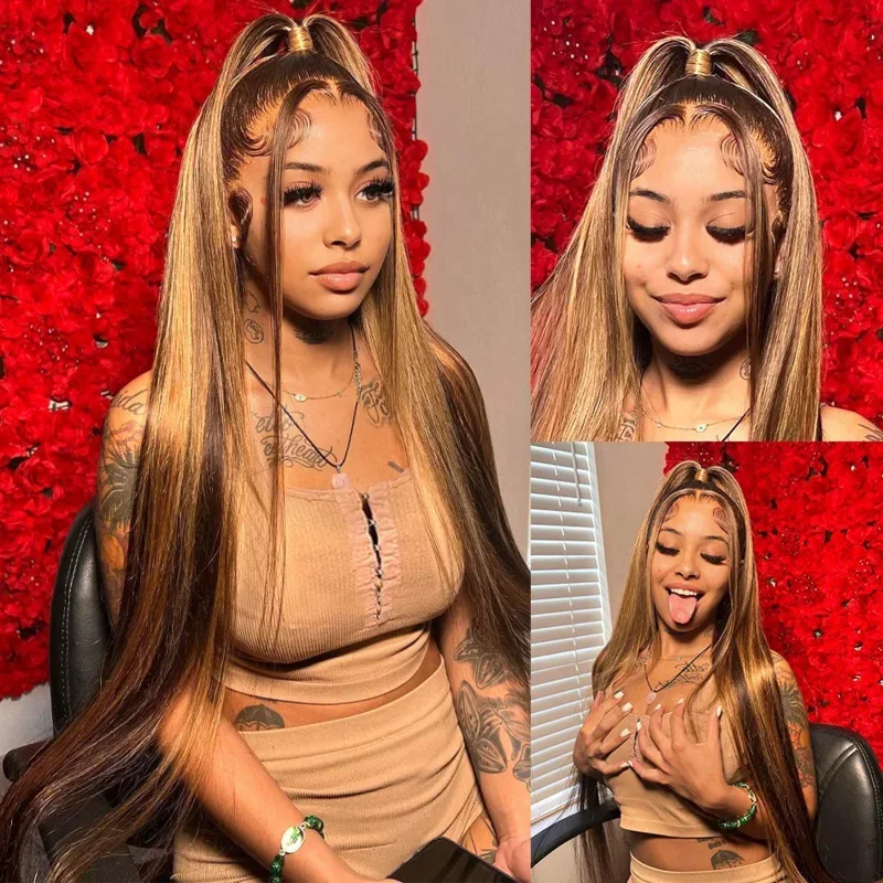 30 Inch Straight Highlight Front Human Hair 13X4 Lace Frontal Brazilian Remy 13X6 Honey Blonde Colored Wigs For Wo B12