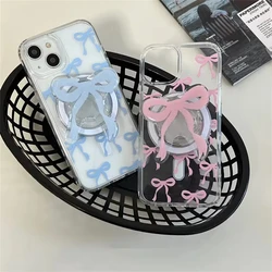 Cute Pink Blue Bowknot For Magsafe Magnetic Phone Griptok Grip Tok Stand For iPhone Foldable Wireless Charging Case Holder Ring