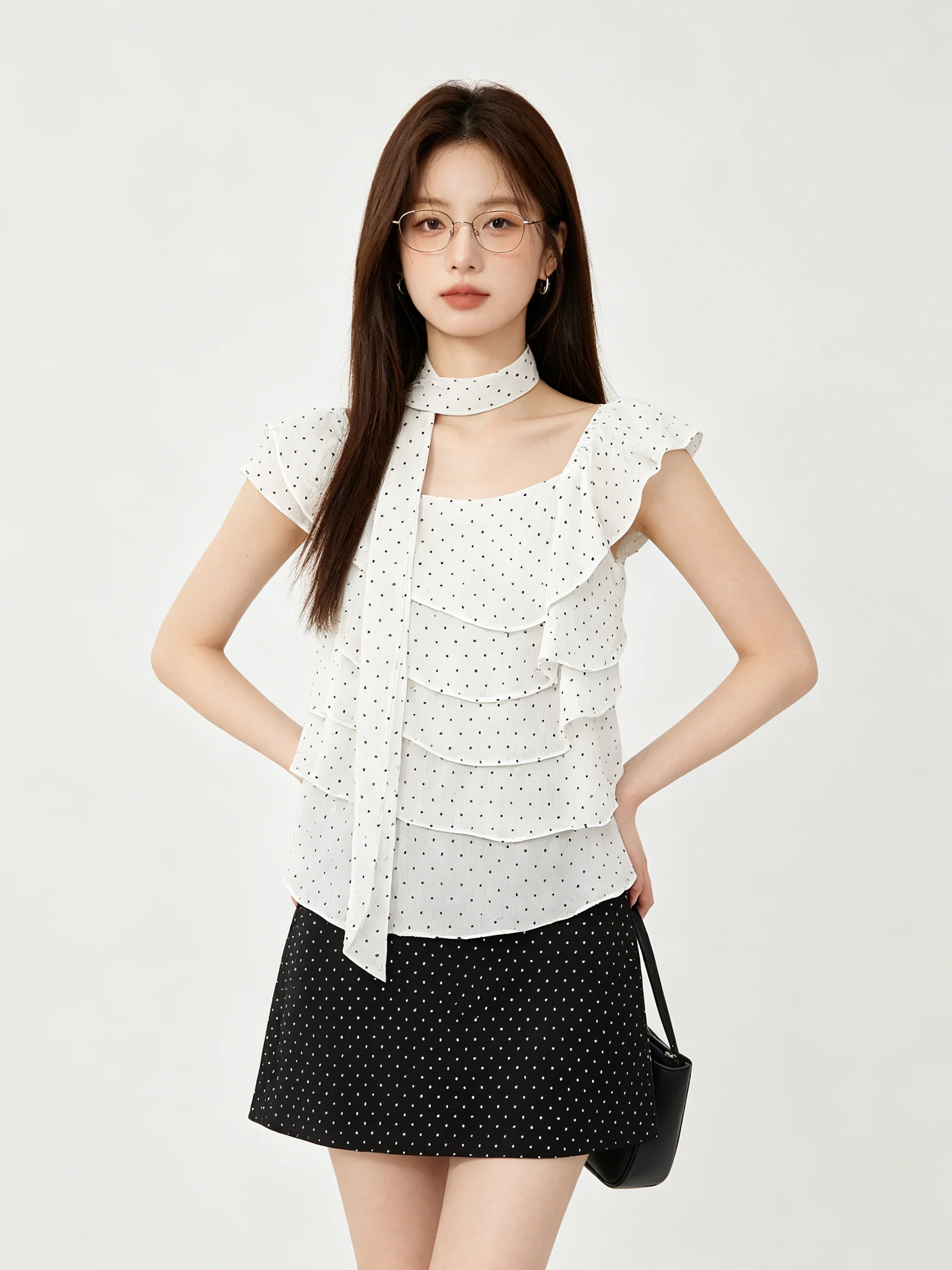 

Skin-friendly Polka Dot Fly Sleeve Shirt Summer New Style Korean Loose Fit Short Sleeve round Neck Casual Top for Young Women