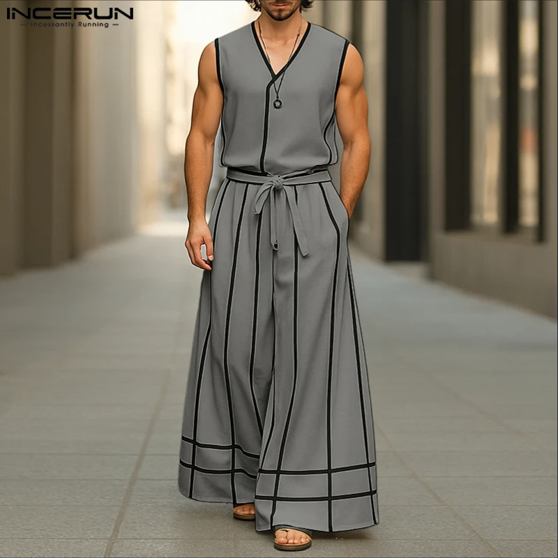 INCERUN Männer Sets Patchwork Farbe-block V-ausschnitt Ärmellose Westen & Breite Bein Hosen 2PCS Streetwear Lose Mode männer Casual Anzüge