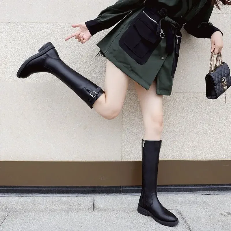 Ladies Knee High Shaft Shoes Leather New In Round Toe Rock Spring Autumn Women's Long Boots On Offer Trend 2024 Gyaru Y2k Boot