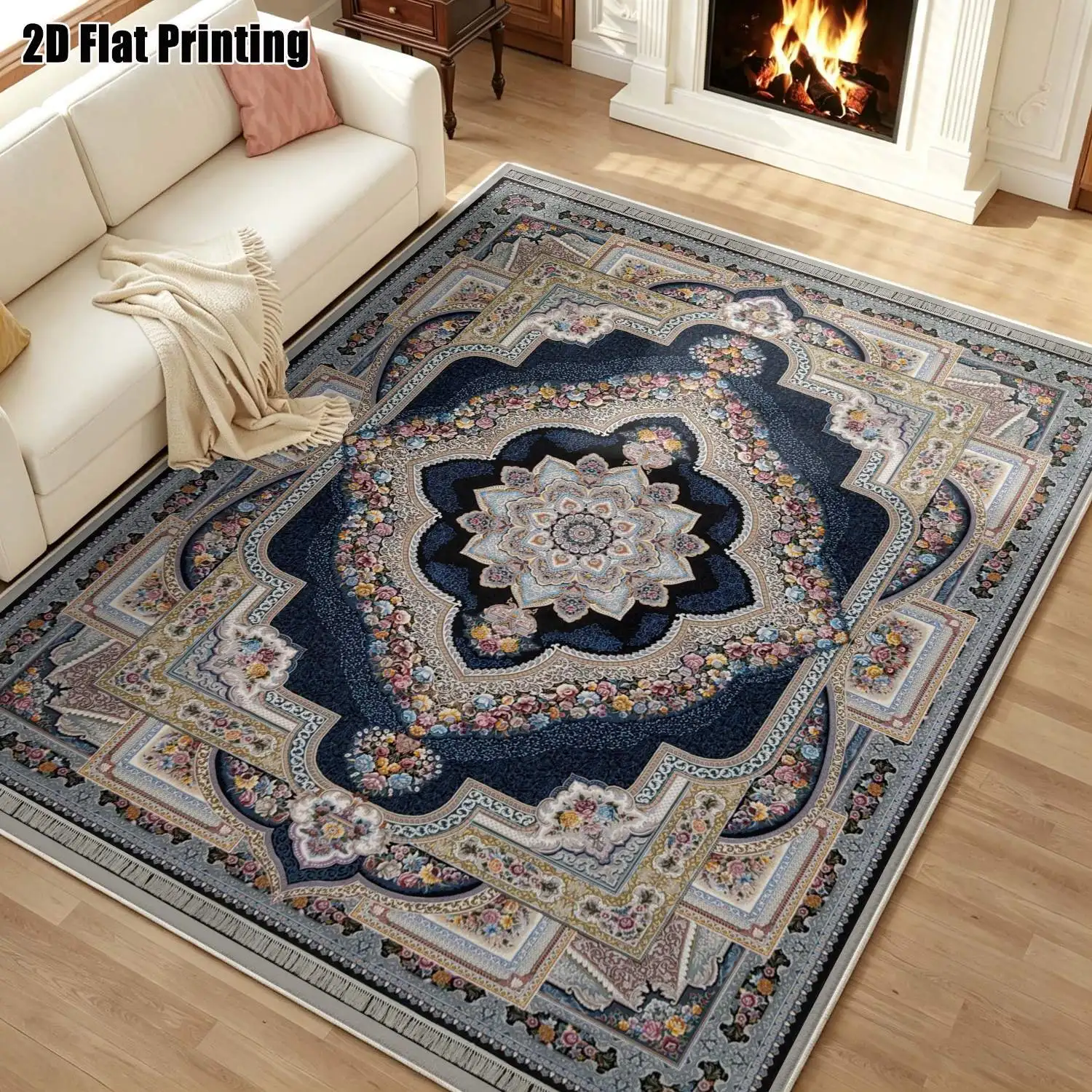 1Pc 2D Printed Velvet Carpet, Blue-Gray Retro Geometric Pattern, Multi-Style, Multi-Size, Machine Washable, for Home Decor, Multi-Scene Use