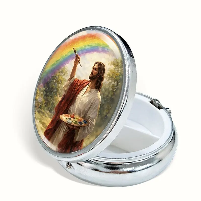 This Durable and Portable Round Pill Box Is Designed for Men and Features a Natural Rainbow Pattern. The Compact Metal Design Makes It an Ideal Choice for Mother's Day Gifts, Everyday Use, or Storing Small Items.