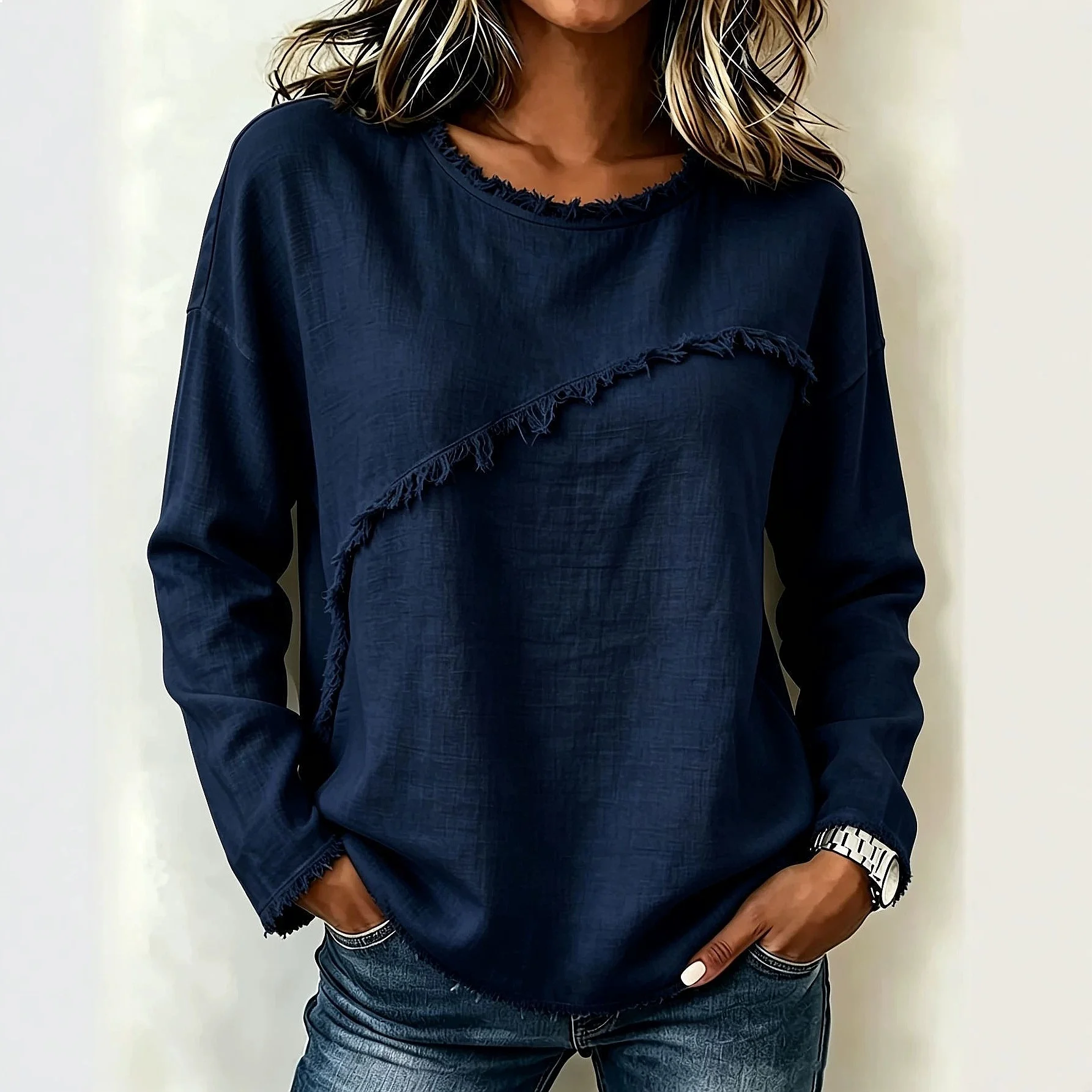 Tee Lace Trim Long Sleeve Round Neck Blouse Top Spring Summer Tees Casual