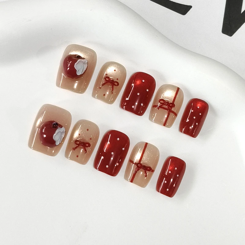 10 Uñas Postizas Elegantes con Diseño de Puntos Rojos y Ojo de Gato, Estilo Moderno, Desmontables