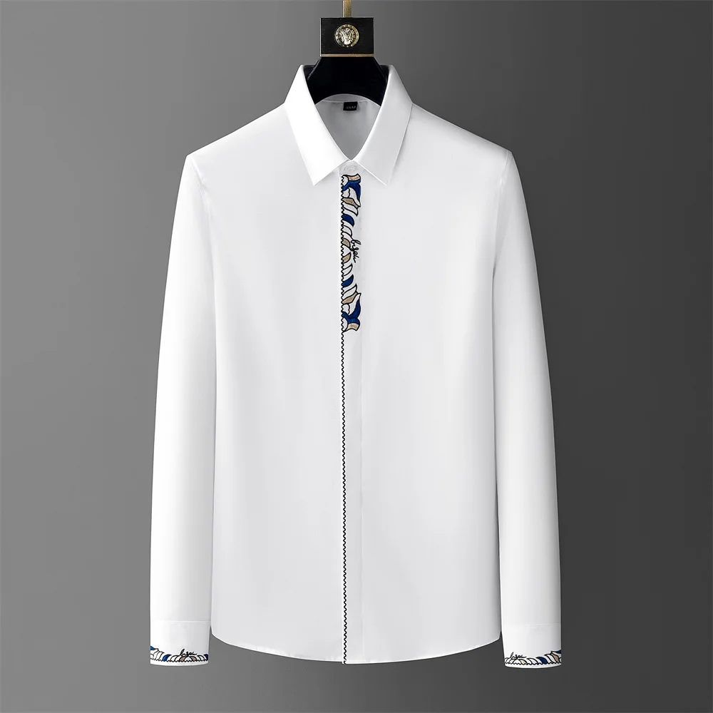 2024 Spring Luxury Placket Embroidery Men\'s Shirts Long Sleeve Slim Casual Business Dress Shirts Social Party Tuxedo Blouse 5XL