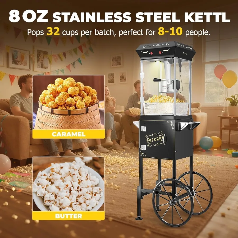 ماكينة صنع الفشار سعة 8 أونصة مع غلاية من الفولاذ المقاوم للصدأ تشكل ما يصل إلى 32 كوبًا على طراز مسرح السينما Pop Corn Ma