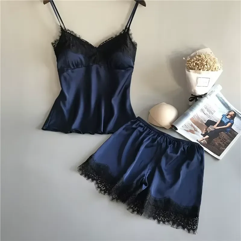 Women Summer Sleepwear Sexy Lace Satin Pajama Sets Lingerie Nightwear Sleeveless Tops Shorts 2 Pcs Loungewear