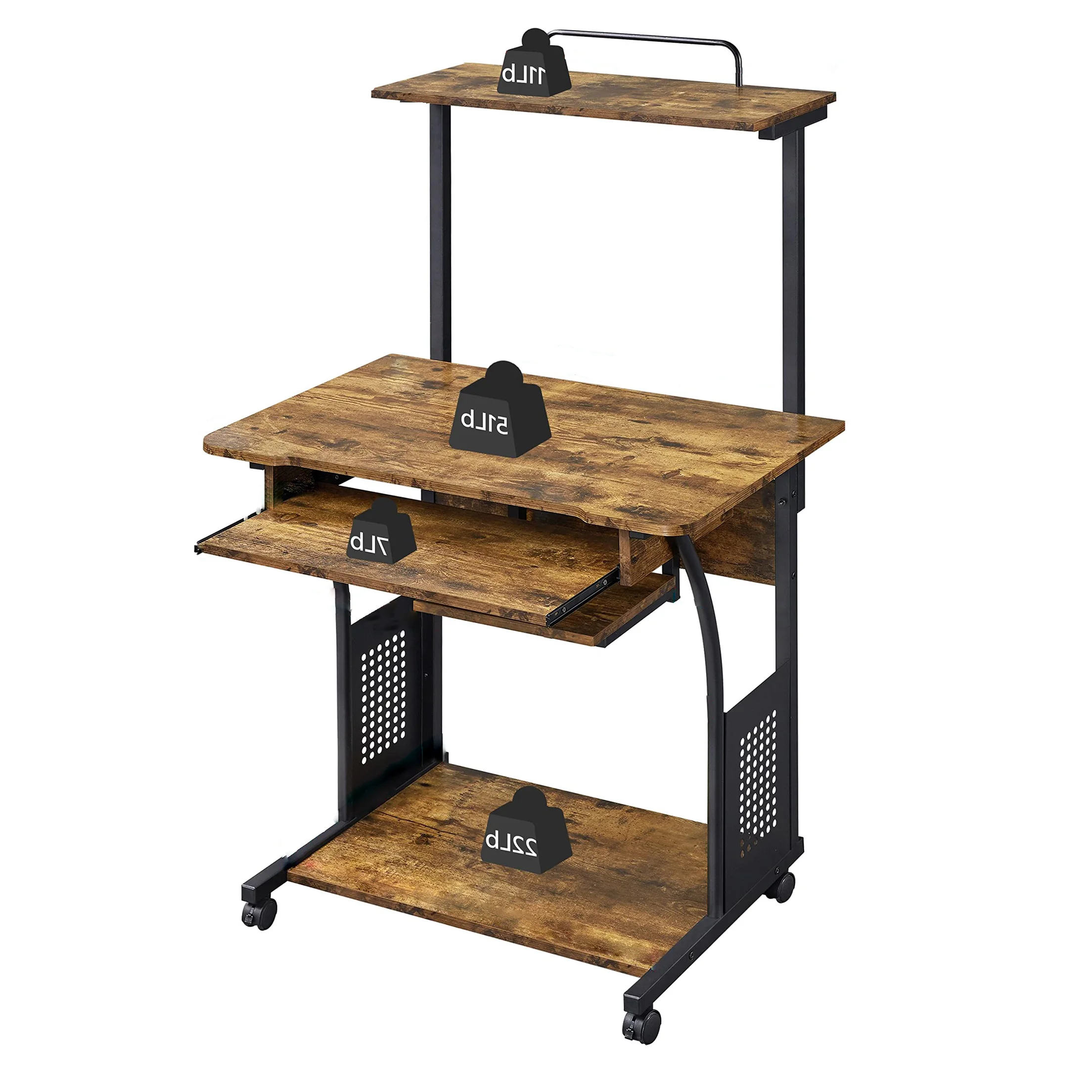 Mobile Computer Desk With Hutch And Keyboard Tray, Rolling Workstation With Shelves For Home Office, Space Saving Study Table For Small Spaces, IC Brown