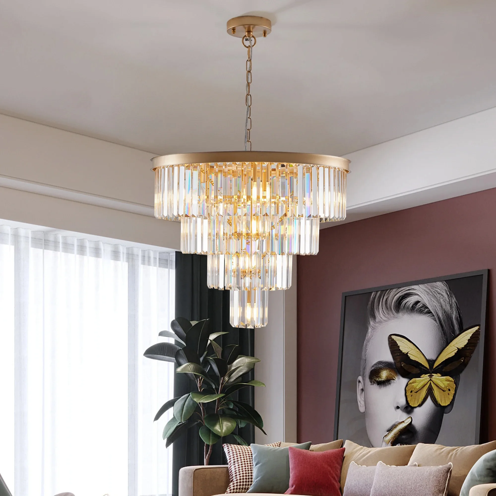 23.6 inch gold modern luxury crystal chandelier, 4 tier large round vintage crystal light