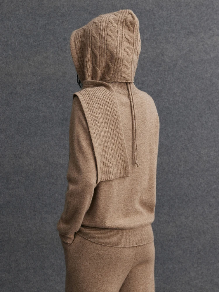 TLOML 시크 여성용 100% 캐시미어 가을 겨울 케이블 니트 후드 캐시미어 스카프 모자 보온 캐시미어 니트 스카프 패션 탑