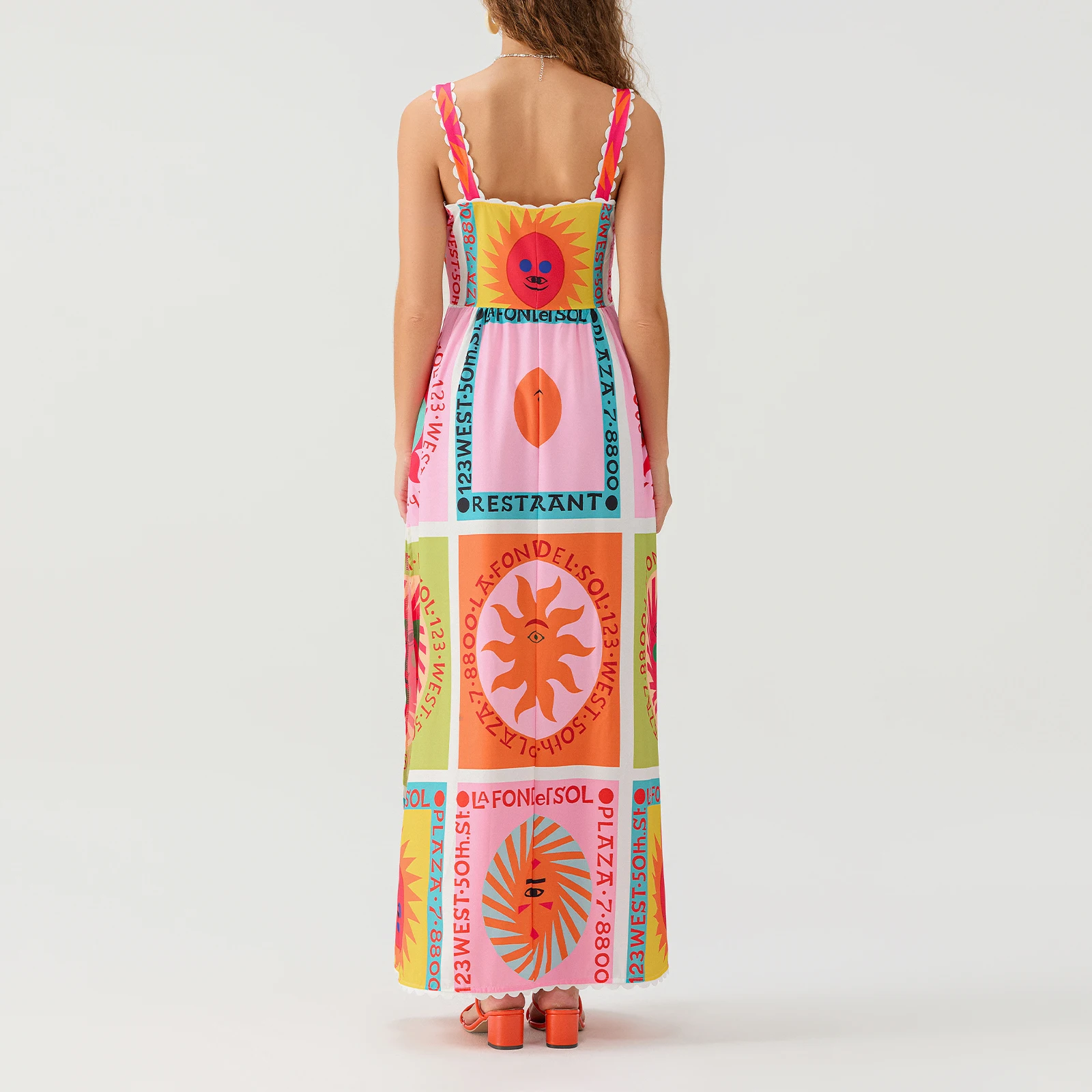 Moda donna Cami Dress Sun Smile Face Print tasche laterali abito senza maniche Beach Holiday fessura abito lungo Streetwear