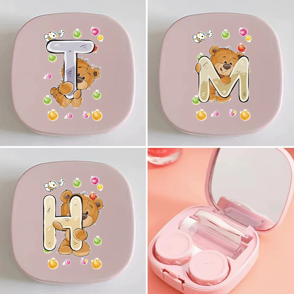 

Portable Meitong Box Contact Lens Case With Makeup Mirror Beauty Pupil Organizer Glasses Storage Bear Letter Pattern Travel Kit