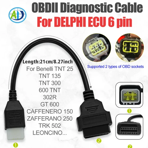 Cable adaptador de diagnóstico OBD2 para BENELLI, BOSCH ECU, DELPHI ECU, conector convertidor de motocicletas OBDII de 6 pines a 16 pines