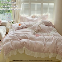 3pcs  Korean lace Duvet Cover Set (1*Duvet Cover + 2*Pillowcase, Without Core), Pink checkered print Bedding Set