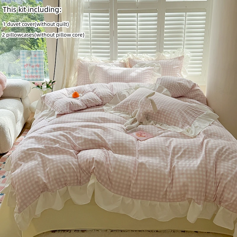 4pcs  Korean lace Duvet Cover Set (1*Duvet Cover +1 flat sheet + 2*Pillowcase, Without Core), Pink checkered print Bedding Set