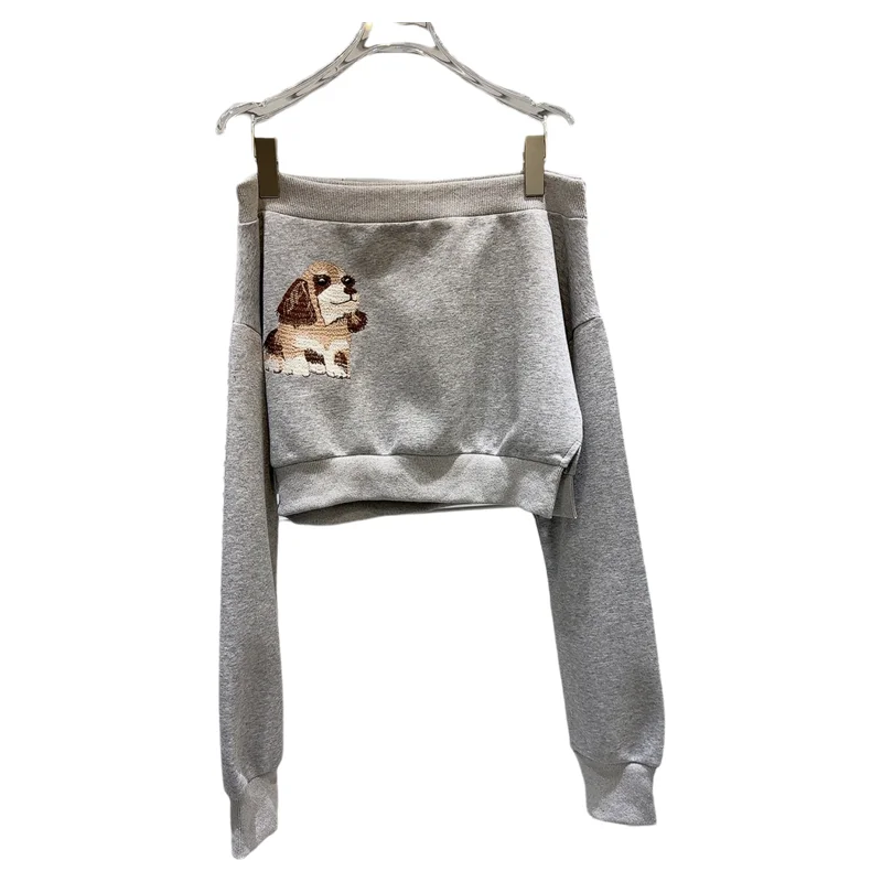 2025 Autumn New Drop Women's Sweet-Edgy Off-Shoulder Sweatshirt with Cartoon Puppy Embroidery