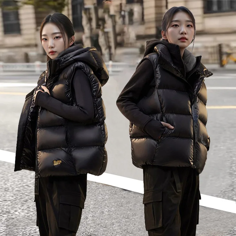 White Duck Down Vest Women Winter Sleeveless Hooded Puffer Jacket Duck Feather Waistcoat  двухсторонняя куртка
